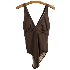 Athleta One Piece Swim Suit Halter Top Tie Back Brown Size Large